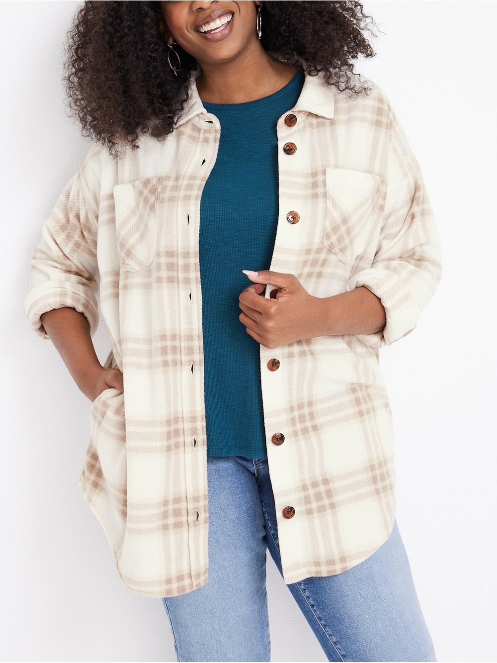 Maurices Wilder Fleece Shacket White & Cream Plaid Oversized Small Women’s